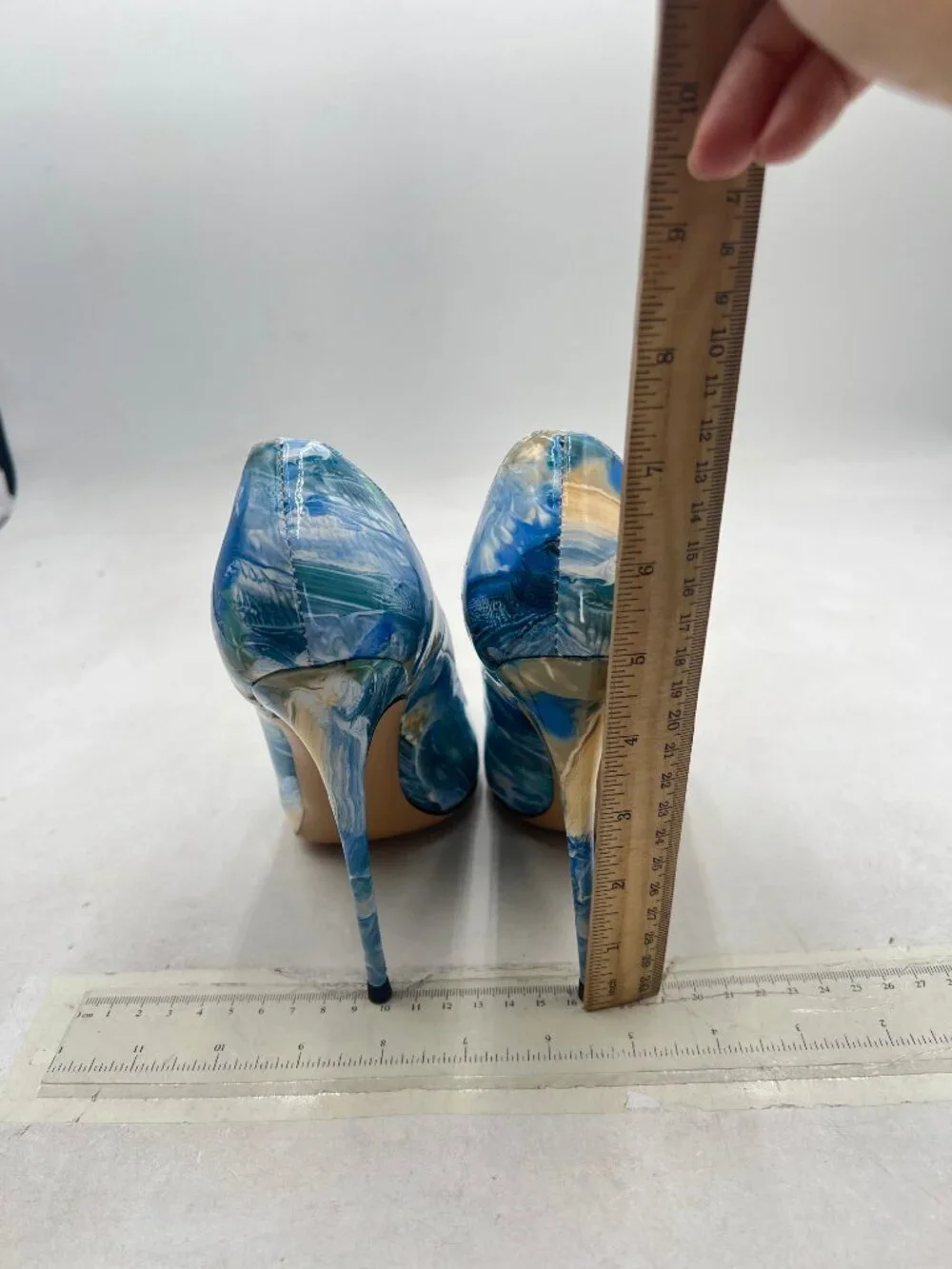 FSJ Blue Multi High Heel Pump Pointy Toe Evening Party Dress Print Shoes